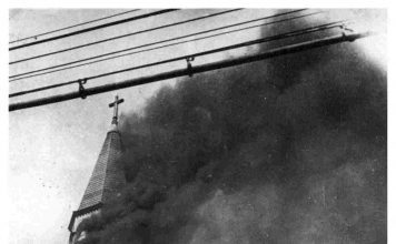 MAIO DE 1957: Fogo destrói torre da igreja da Vila Arens